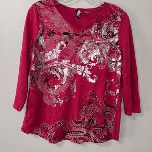 B.L.E.U. Pink 3/4 Sleeve Y2K Metallic Paisley Swirl Graphic Top M Chic